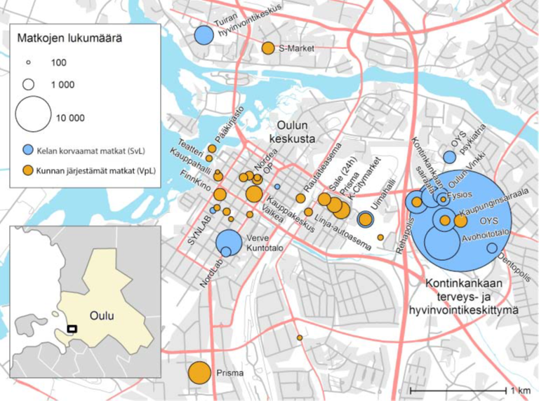 Karttakuva osoittaa, että vammaispalvelulain mukaisella matkalla tyypillisimmät matkakohteet Oulussa olivat Citymarket ja Prisma. Kela-taksimatkat taas liittyivät etenkin sairaalakäynteihin.